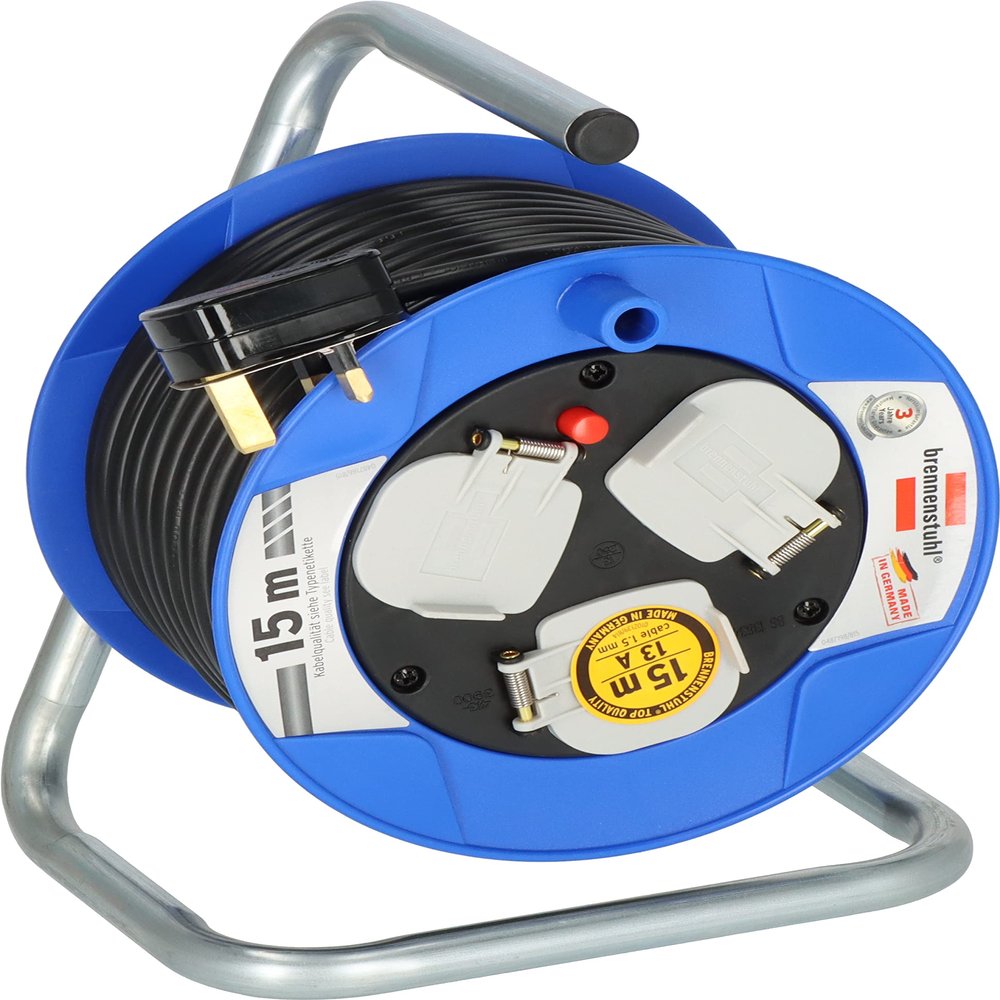Brennenstuhl Compact 3-Way Socket Cable Reel (15 m Cord Length, Thermal Cut-Out Protection), Small Reel for Easy Tool Box Storage, Cable Colour: Black