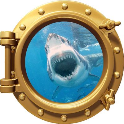 24" Port Scape Instant 3D Window Wall Sticker Great White Shark Attack Bronze Porthole Wall Decal Ocean Under Water Sea Life Fish Kids Bedroom Playroom Wall Art Room Decor Removable Fabric Vinyl