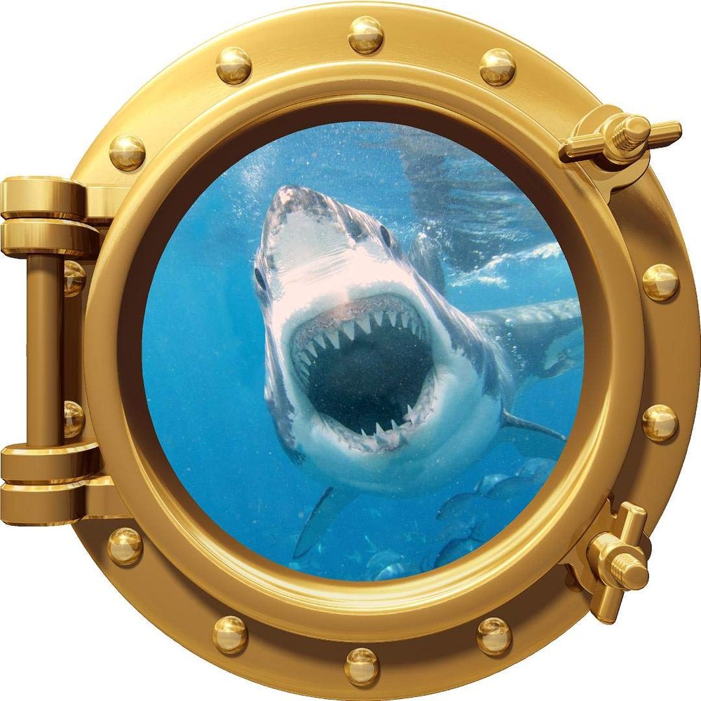 24" Port Scape Instant 3D Window Wall Sticker Great White Shark Attack Bronze Porthole Wall Decal Ocean Under Water Sea Life Fish Kids Bedroom Playroom Wall Art Room Decor Removable Fabric Vinyl
