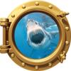 24" Port Scape Instant 3D Window Wall Sticker Great White Shark Attack Bronze Porthole Wall Decal Ocean Under Water Sea Life Fish Kids Bedroom Playroom Wall Art Room Decor Removable Fabric Vinyl view 1
