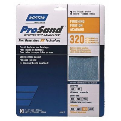 Norton Abrasives Sandpaper Sheet,Very Fine,320 Grit,PK3 07660768157-1 Each