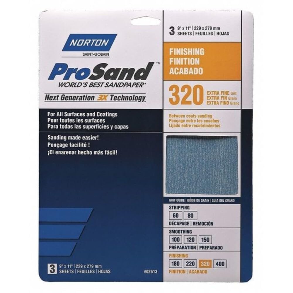 Norton Abrasives Sandpaper Sheet,Very Fine,320 Grit,PK3 07660768157-1 Each