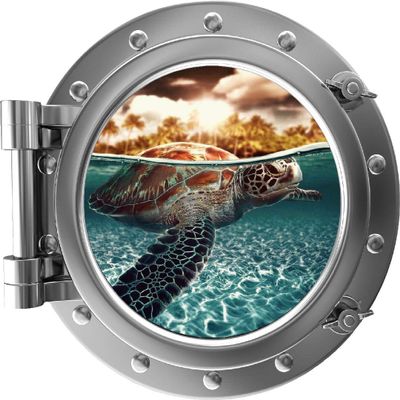 24" Port Scape Isntant Sea View Sea Turtle #2 Silver Porthole Window Wall Decal Removable Fabric Wall Sticker Ocean Animal Kids Room Decor