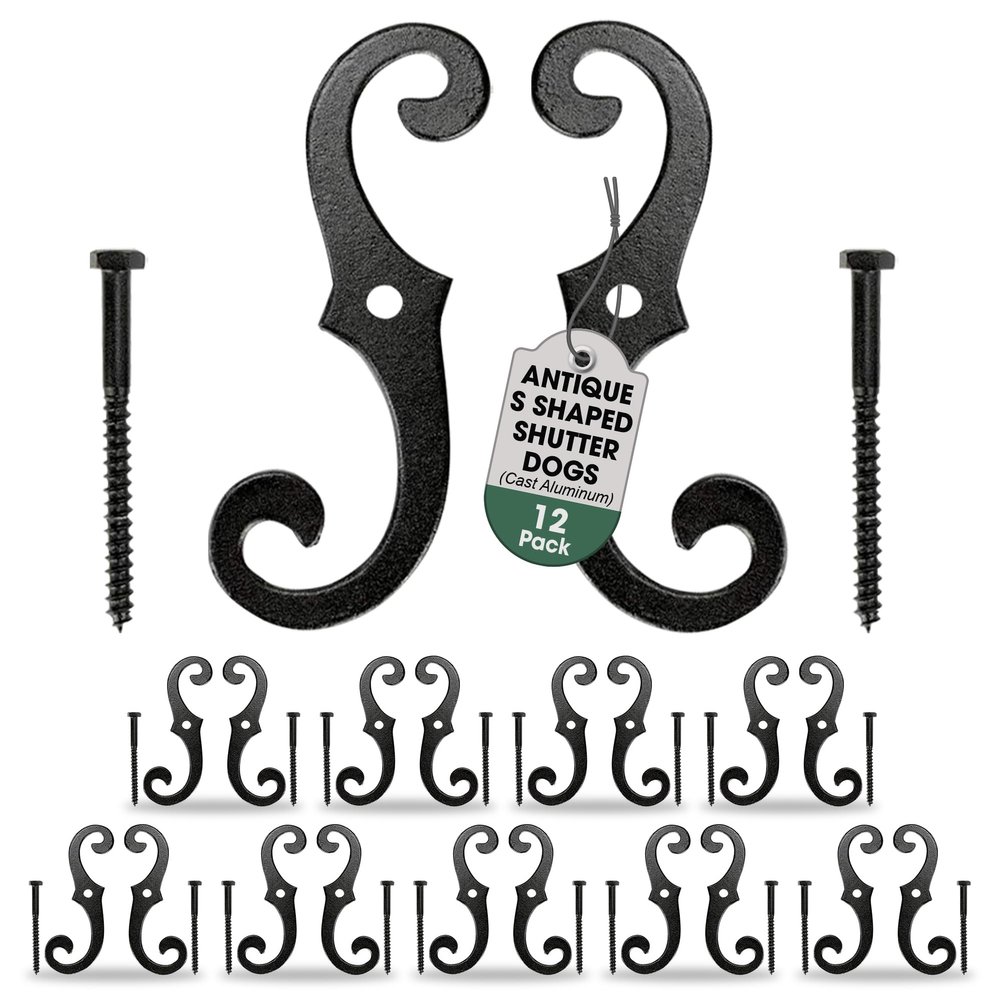Renovators Supply Manufacturing Black Shutter Dogs 6.5 in. S Shaped Cast Aluminum Shutter Dogs with Mounting Hardware Pack of 12