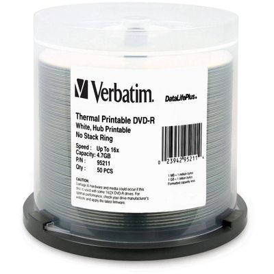 Verbatim DVD-R 4.7GB 16x DataLifePlus White Thermal Printable Recordable Disc, Hub Printable, 50-Pack Spindle