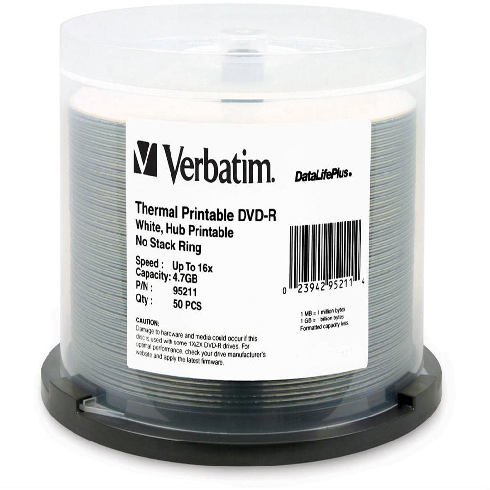 Verbatim DVD-R 4.7GB 16x DataLifePlus White Thermal Printable Recordable Disc, Hub Printable, 50-Pack Spindle