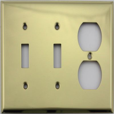 Stamped Polished Brass 3 Gang Wall Plate - 2 Toggle Switches 1 Duplex Outlet