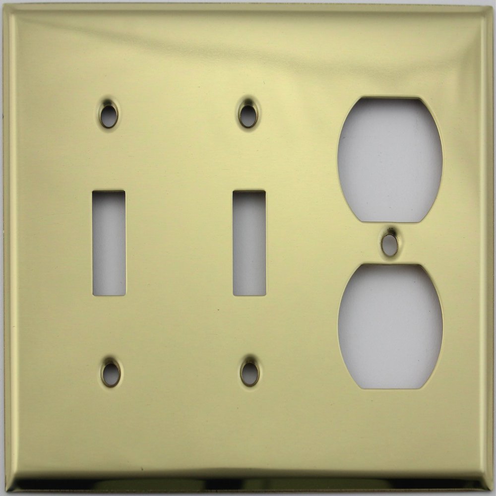Stamped Polished Brass 3 Gang Wall Plate - 2 Toggle Switches 1 Duplex Outlet