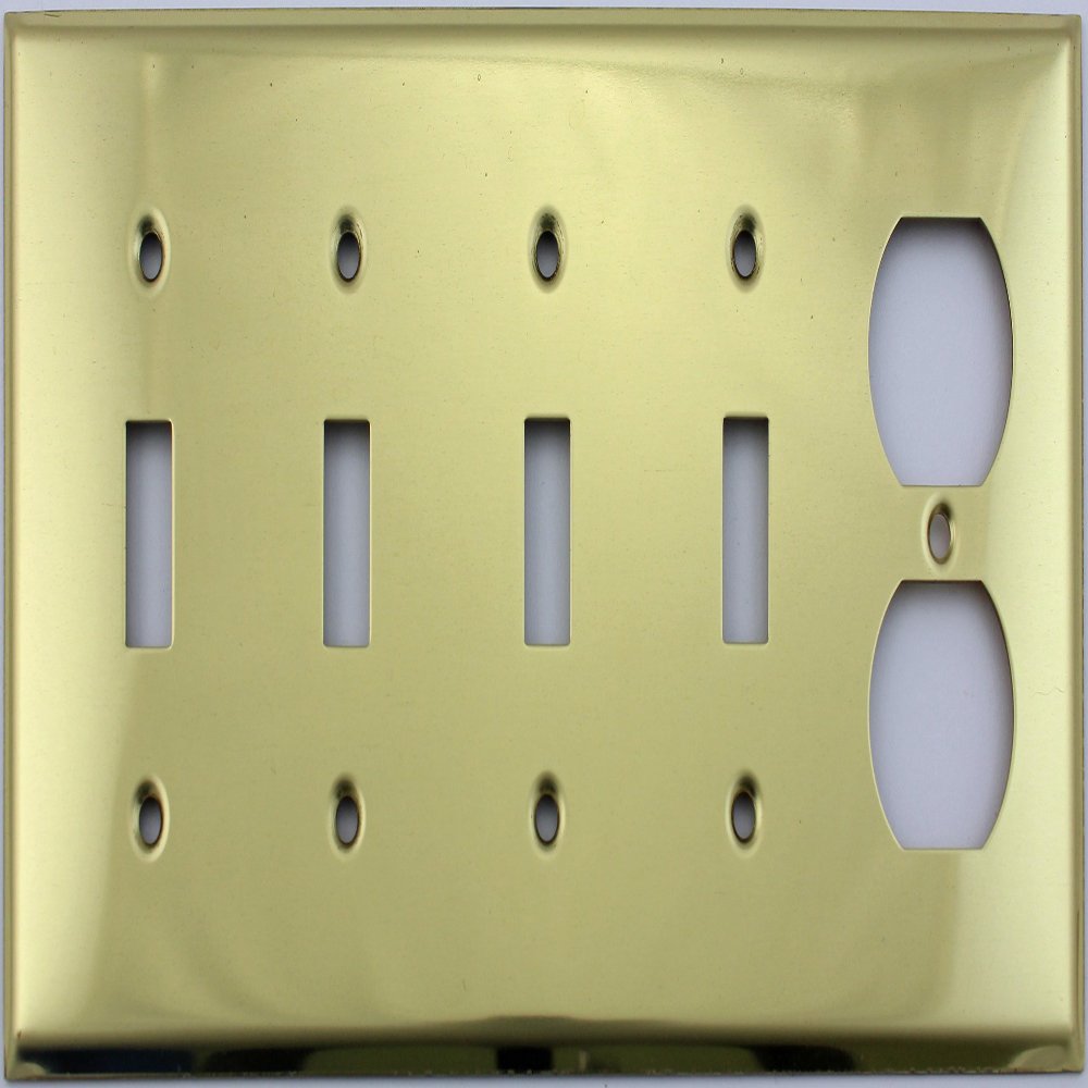 Stamped Polished Brass 5 Gang Wall Plate - 4 Toggle Switches 1 Duplex Outlet