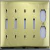 Stamped Polished Brass 5 Gang Wall Plate - 4 Toggle Switches 1 Duplex Outlet view 1