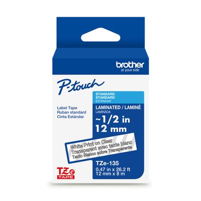 Brother TZe135 Laminated Tape, 1/2 Inch, White on Clear