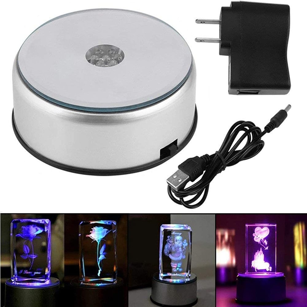 7 LED Light Stand Turntable Night Light Rotating Base for Laser Crystals Colored