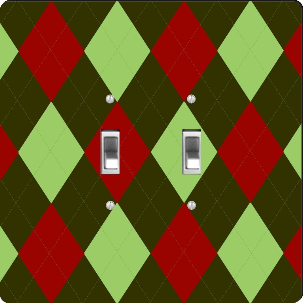 Rikki Knight Christmas Light Dark Green and Burgundy Argyle Design Double Toggle Light Switch Plate