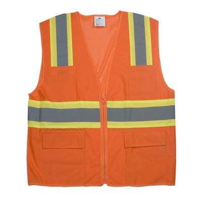 Mutual 16368 High Visibility Polyester ANSI Class 2 Surveyor Safety Vest with Pouch Pockets and 4" Lime/Silver/Lime Reflective Tape, 3X-Large, Orange