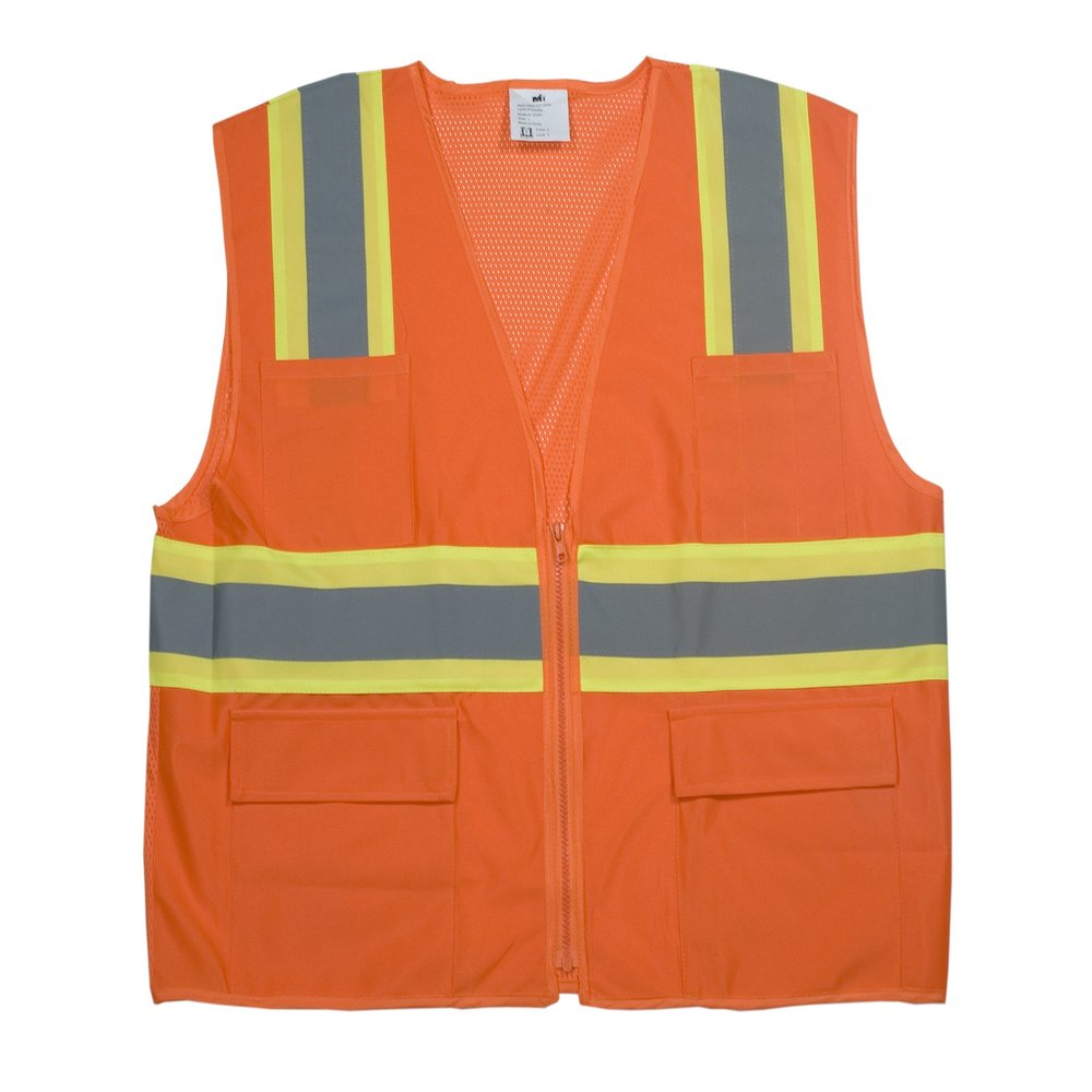 Mutual 16368 High Visibility Polyester ANSI Class 2 Surveyor Safety Vest with Pouch Pockets and 4" Lime/Silver/Lime Reflective Tape, 3X-Large, Orange