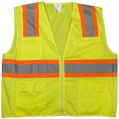 Mutual 16369 High Visibility Polyester ANSI Class 2 Surveyor Safety Vest with Pouch Pockets and 4" Orange/Silver/Orange Reflective Tape, 3X-Large, Lime