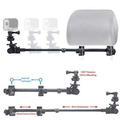 ChargerCity Secure Dual Post Lock Telescopic Headrest Mount w/Sliding Aluminum arm for Insta 360 & GoPro Fusion Action Camera