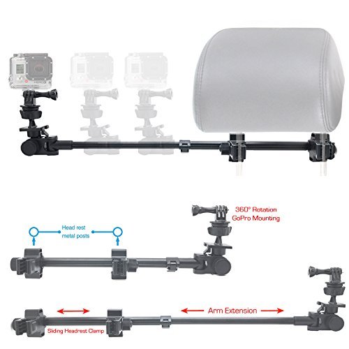 ChargerCity Secure Dual Post Lock Telescopic Headrest Mount w/Sliding Aluminum arm for Insta 360 & GoPro Fusion Action Camera