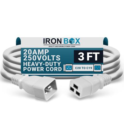 IronBox Electric - Heavy-Duty C20 to C19 Power Cord - 20A/250V Rated, 12/3 SJT IEC 60320 Equipment to PDU Cable - Male End C20 Plug/Female End C19 Connector - UL Listed Power Cable -(White,3 Foot)