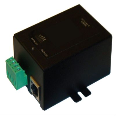 9-36VDC in 48VDC 24W Out DC to DC Converter and Passive PoE inserter, Wire Terminal Input, PoE Pinout 4,5V+;7,8V-, Shielded, 10/100MB, Low Voltage Disconnect, Black Metal Enclosure