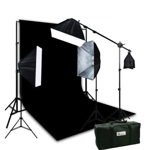 ePhotoInc 3200K Warm Lighting 10 x 12 Black Muslin Background Support Kit with 2400 Watt Video Photography Studio Light Set Case H9004SB2-1012B 3200K