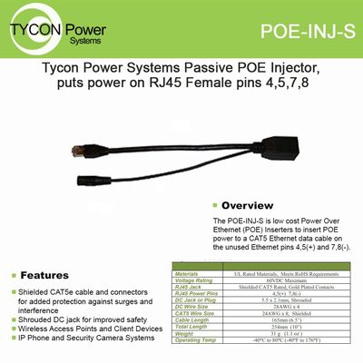Passive POE Injector. INJECTS DC Power T