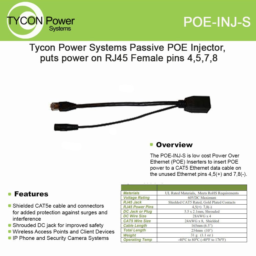 Passive POE Injector. INJECTS DC Power T