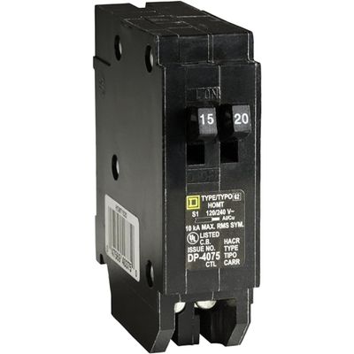 Square D by Schneider Electric Homeline 15 Amp and 20 AmpTandem Circuit Breaker, 120/240VAC, 10kA Breaking Capacity, Plug in Mount, Standard Type, Residential Use (HOMT1520CP)
