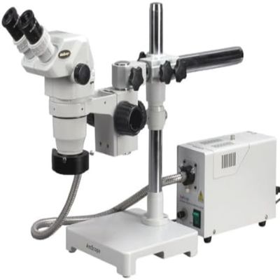 AmScope ZM-3BX-FOR Professional Binocular Stereo Zoom Microscope, EW10x Eyepieces, 3.35X-45X Magnification, 0.67X-4.5X Zoom Objective, Fiber-Optic Ring Light, Single-Arm Boom Stand, 110V-120V, Includes 0.5X Barlow Lens