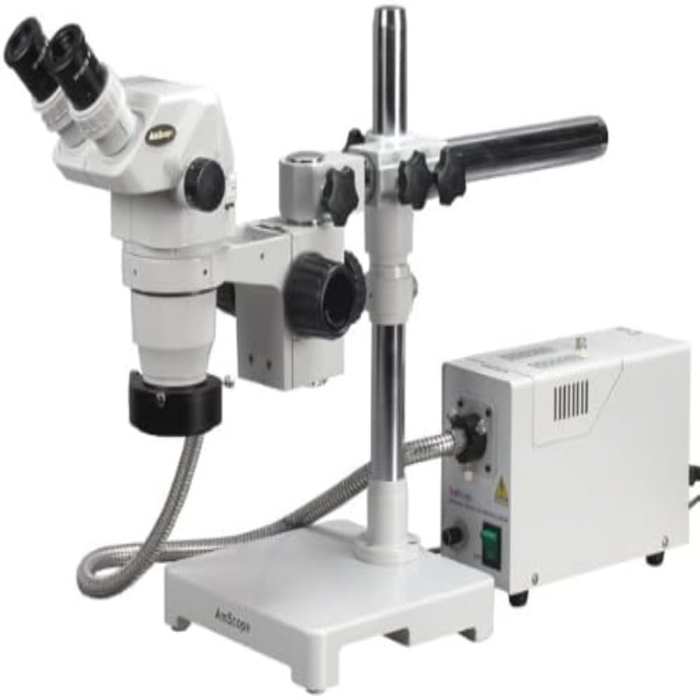 AmScope ZM-3BX-FOR Professional Binocular Stereo Zoom Microscope, EW10x Eyepieces, 3.35X-45X Magnification, 0.67X-4.5X Zoom Objective, Fiber-Optic Ring Light, Single-Arm Boom Stand, 110V-120V, Includes 0.5X Barlow Lens