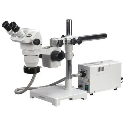 AmScope ZM-3BY-FOR Professional Binocular Stereo Zoom Microscope, EW10x Eyepieces, 6.7X-90X Magnification, 0.67X-4.5X Zoom Objective, Fiber-Optic Ring Light, Single-Arm Boom Stand, 110V-120V, Includes 2.0X Barlow Lens