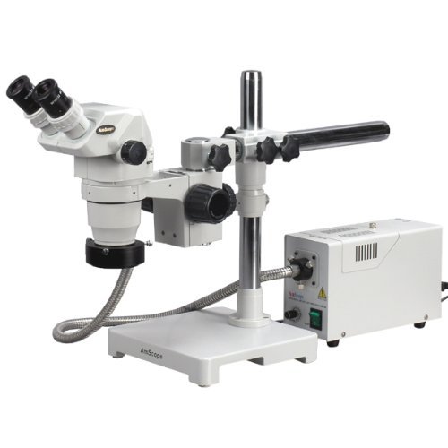 AmScope ZM-3BY-FOR Professional Binocular Stereo Zoom Microscope, EW10x Eyepieces, 6.7X-90X Magnification, 0.67X-4.5X Zoom Objective, Fiber-Optic Ring Light, Single-Arm Boom Stand, 110V-120V, Includes 2.0X Barlow Lens