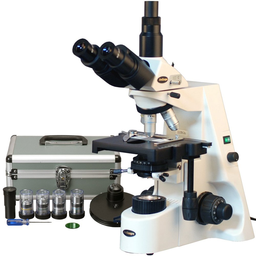 AmScope T690C-PCT200-PL Phase-Contrast Trinocular Compound Microscope, 40X-2500X Magnification, WH10x and WH25x Super-Widefield Eyepieces, Infinity Plan Achromatic Objectives, Brightfield, Kohler Condenser, Double-Layer Mechanical Stage, Includes 4 P