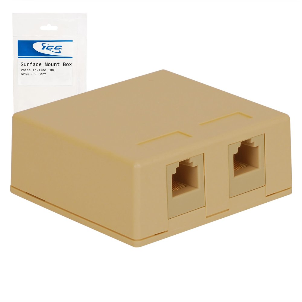 ICC 2-Port Surface Mount Box with 6P6C Voice Keystone Jacks, EZ IDC Telephone Jack Box for RJ11 and RJ12 Cabling, Ivory