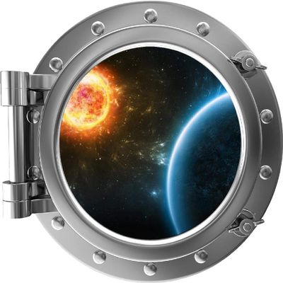 24" PortScape Space 3D Window Planet & Distant Sun #1 Silver Porthole Wall Decal Removable Wall Sticker Peel Stick Outer Space Kids Room Decor
