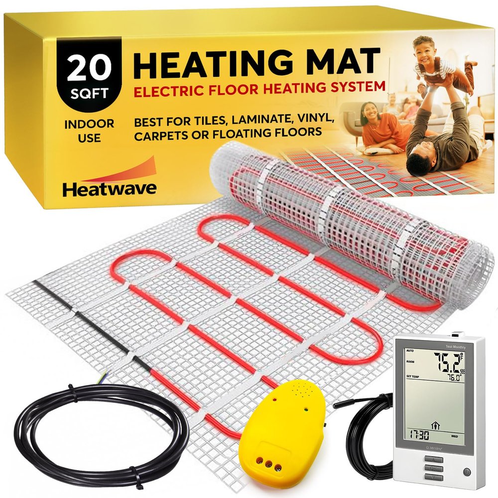 Electric Floor Heating System for Tile 20 sqft 120V 2Amps 240 watts-Heated Flooring System for Bathroom Floor Heating Kit Underfloor Comfort Heat 7Day/4Event Programmable GFCI Thermostat by Heatwave