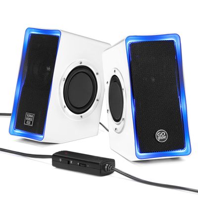 GOgroove Gaming Computer Speakers with Blue LED Light - SonaVERSE O2i Speakers for Desktop, Laptop, PC - USB Speaker 2.0 with AUX Input, in-Line Volume Control, Bass Stereo Sound, 14W (White)