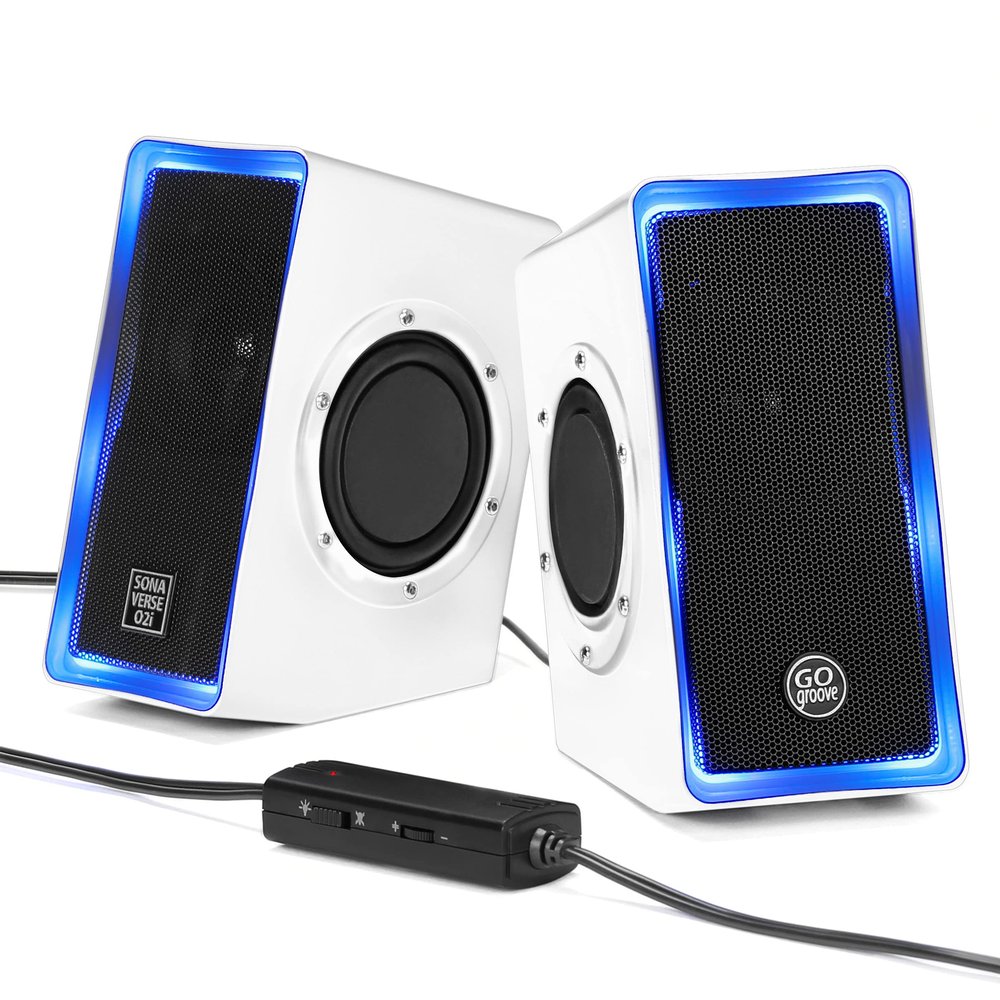 GOgroove Gaming Computer Speakers with Blue LED Light - SonaVERSE O2i Speakers for Desktop, Laptop, PC - USB Speaker 2.0 with AUX Input, in-Line Volume Control, Bass Stereo Sound, 14W (White)