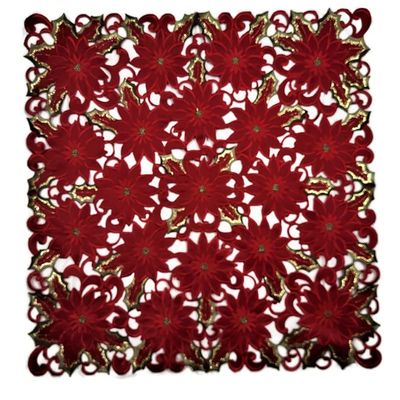 Doily Boutique Christmas Tablecloth or Table Topper Square Embroidered with Red Cutwork Poinsettias, Size 34 inches