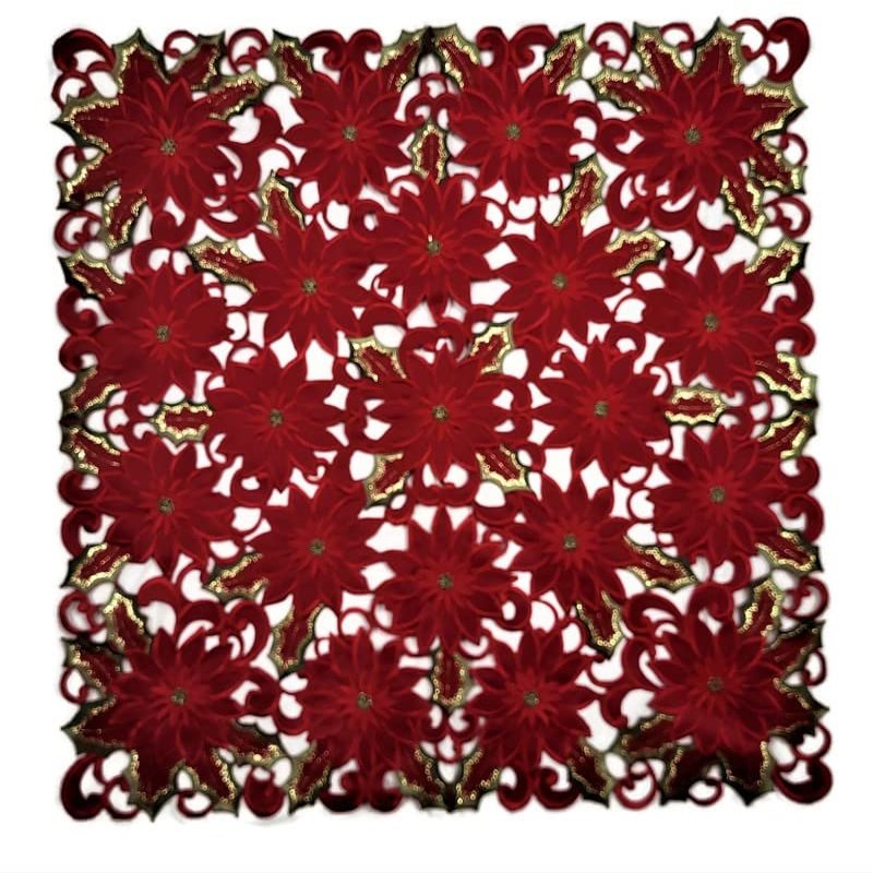 Doily Boutique Christmas Tablecloth or Table Topper Square Embroidered with Red Cutwork Poinsettias, Size 34 inches