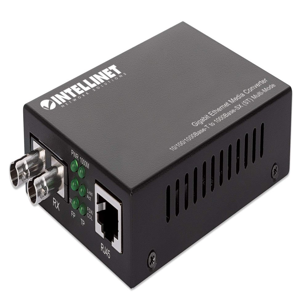 Intellinet Multimode ST Gigabit Ethernet Fiber Media Converter, Autonegotiation, 10/100/1000Base-T to 1000Base-SX, up to 1,800 ft., 850 nm, 3 Yr Mfg Warranty, 508315
