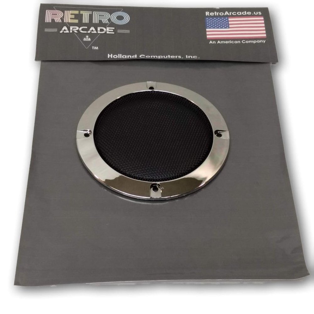 RetroArcade.us Round Speaker Net, Black Metal net with Plastic Chrome Edge, Fits 4 Inch Speakers, Fits SKU: RA-SPK