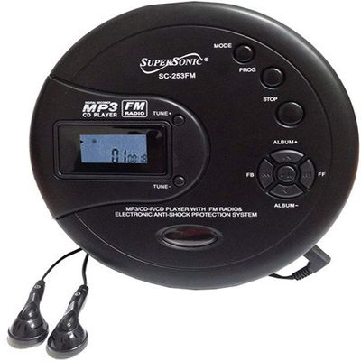 SuperSonic SC-253FM Personal MP3/CD Player w/FM Radio - Portable Device, HQ Stereo Earphones Included BLACK