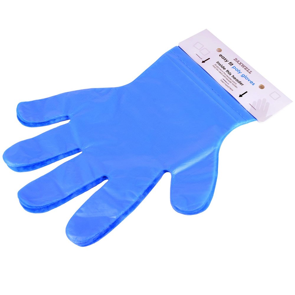 Daxwell Poly Gloves, Easy-Fit Food Prep Gloves, Header Gloves, One Size Fits All, Blue, With Wall Mount, F10003538 (Case of 1,000, 20 Cards of 50)
