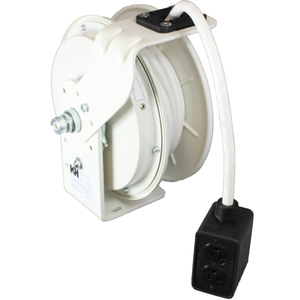 KH Industries RTB Series ReelTuff Power Cord Reel, 12/3 SJOW White Cable and Four Receptacle Outlet Box, 20 Amp, 50' Length, White Powder Coat Finish