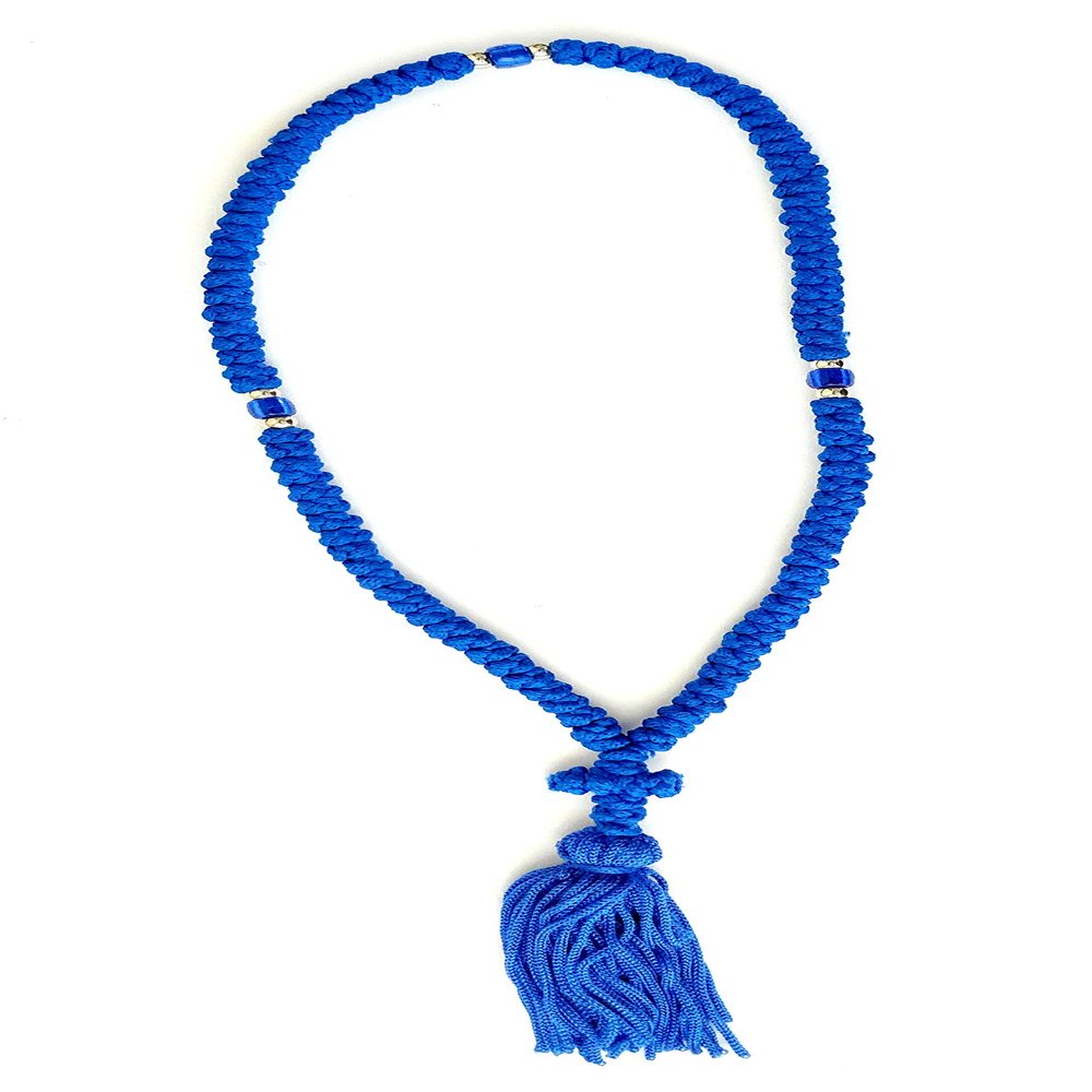 Iconsgr Handmade Blessed Christian Orthodox Greek Komboskoini Prayer Rope 100knots Pentant Blue2
