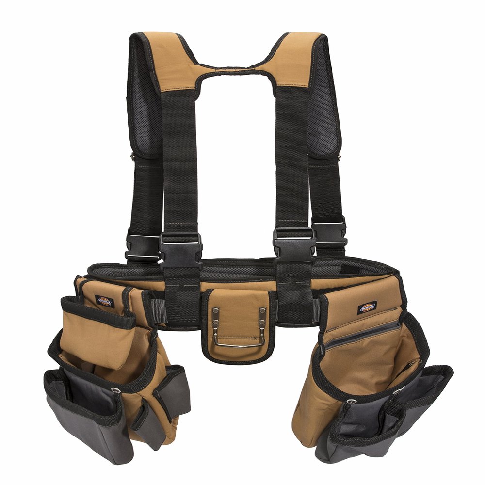 Dickies 4-Piece Carpenter's Rig, Padded Tool Belt Suspenders, Cooling Mesh, Leather Tool Belt, Steel Buckle, Grey/Tan, 3.8 lb.