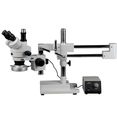 AmScope SM-4TY-80M Professional Trinocular Stereo Zoom Microscope, WH10x Eyepieces, 7X-90X Magnification, 0.7X-4.5X Zoom Objective, 80-Bulb LED Ring Light with Rheostat, Double-Arm Boom Stand, 110V-240V, Includes 2.0X Barlow Lens