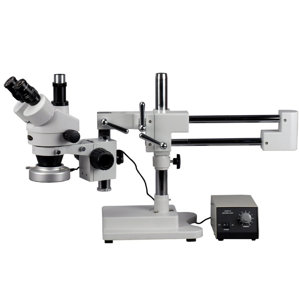 AmScope SM-4TY-80M Professional Trinocular Stereo Zoom Microscope, WH10x Eyepieces, 7X-90X Magnification, 0.7X-4.5X Zoom Objective, 80-Bulb LED Ring Light with Rheostat, Double-Arm Boom Stand, 110V-240V, Includes 2.0X Barlow Lens