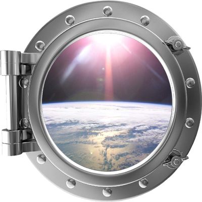 24" PortScape Silver Porthole 3D Window Orbiting Earth #1 Wall Decal Removable Wall Sticker Outer Space Instant Earth View Wall Art Boys Kids Room Decor
